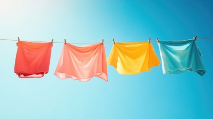 Colorful shirts drying on a clothesline against a bright blue sky, capturing the essence of summer and outdoor living with vibrant hues and a sense of freshness.