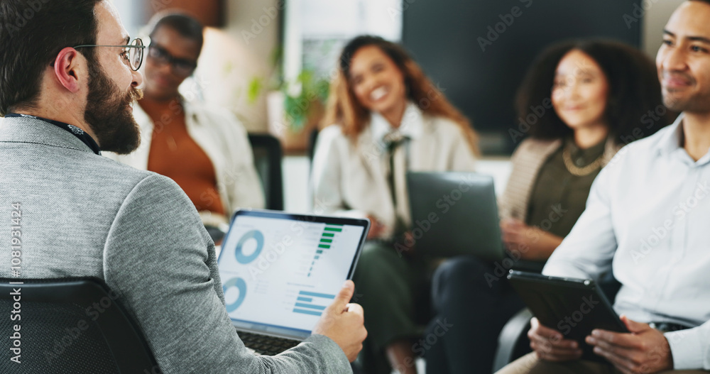 Poster laptop, graph and businessman in team meeting for planning, financial data and leader with chart. co