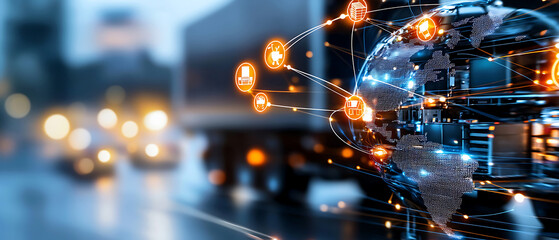 Fototapeta premium Global supply chain security risks logistics operations urban environment digital visualization global trade strategic analysis