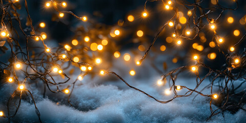 A Christmas tree with lights is lit up in the snow