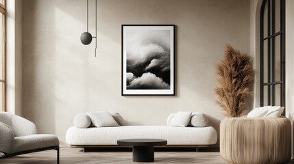 Stylish modern living room featuring minimalistic furniture, elegant art piece of clouds, and soft neutral tones for a serene and inviting atmosphere