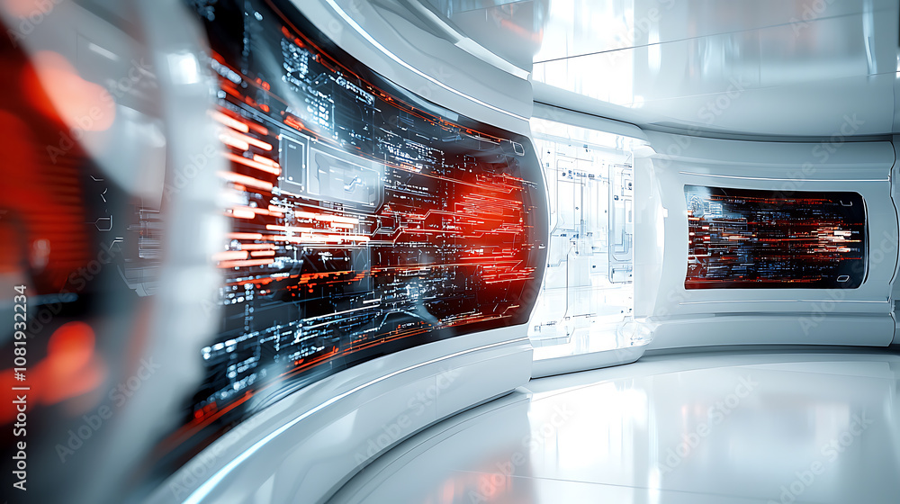 Poster futuristic data hub high-tech environment digital display cybersecurity focus interior view supply c