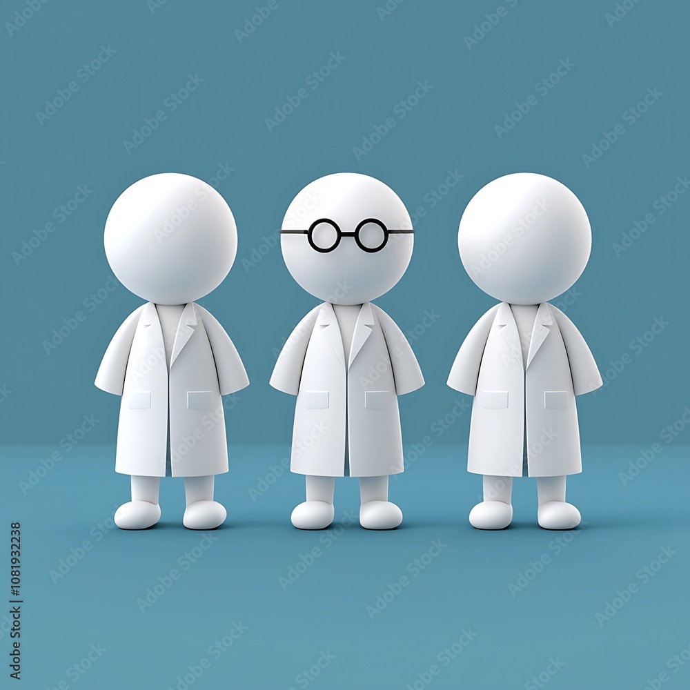 Poster three minimalist characters in lab coats representing scientists in a clean and modern style for med
