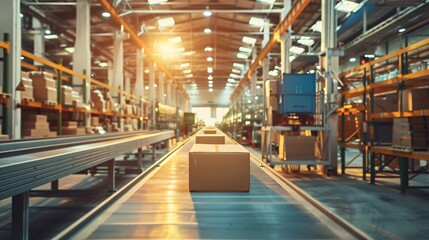 Interior view of a modern well organized warehouse facility with rows of shelving units and stacks of cardboard boxes or cargo containers