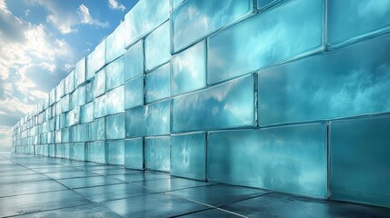 Obraz premium A wall made of translucent ice blocks under a cloudy sky.
