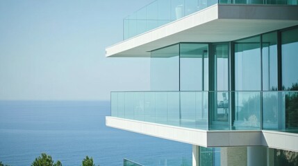 Fototapeta premium Modern Coastal Home with Sleek Glass Balconies Overlooking Serene Blue Ocean Waters and Lush Green Surroundings Enhancing Contemporary Architectural Design