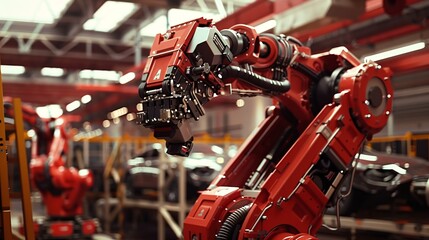 Robotic arm operating in a modern high tech factory environment demonstrating the power of automation and technological advancement in industrial manufacturing and production processes