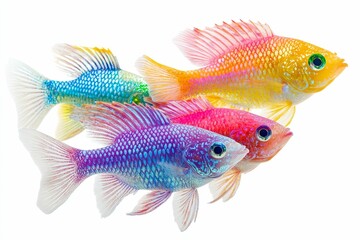 Four colorful fish swimming in white background.