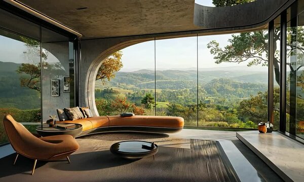 Suspended interior design in a futuristic floating home on a bluff, with magnetic levitation technology and panoramic glass panels, overlooking rolling hills and distant forest