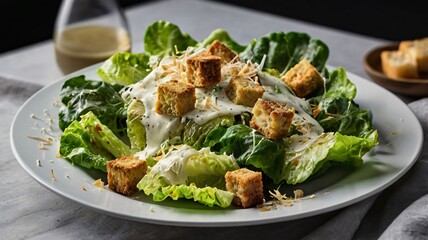 Fresh Caesar salad with crisp romaine lettuce, crunchy croutons, and creamy dressing on a marble surface
