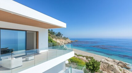 Fototapeta premium Modern Coastal Villa with Panoramic Ocean View Overlooking Serene Beach and Crystal Blue Waters Under Clear Sky, Perfect for Luxury Living and Relaxation