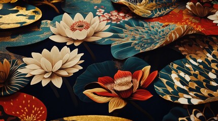 Vibrant and Colorful Floral Pattern Featuring Lotus Flowers and Foliage on Rich Background with Abstract Design