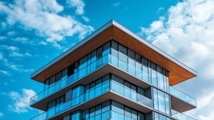 Modern Architectural Design of a Glass Building with a Unique Overhanging Roof Against a Bright Blue Sky and Partly Cloudy Atmosphere