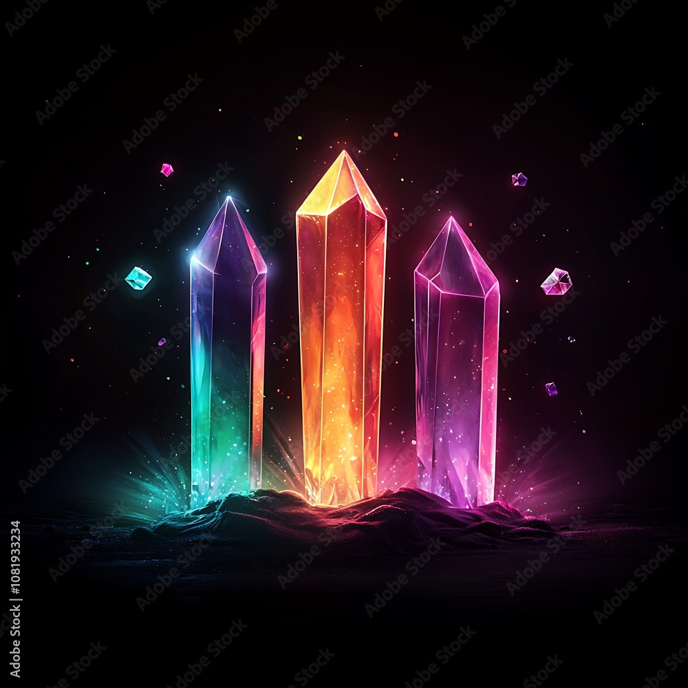 Aufkleber vibrant crystals in an ethereal setting with colorful light reflections and sparkling particles crea