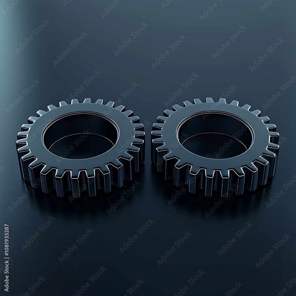 Poster detailed close-up view of metallic gears with a glossy finish on a reflective surface, showcasing in