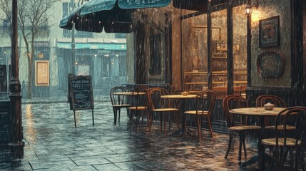 Empty cafe street during rainy weather