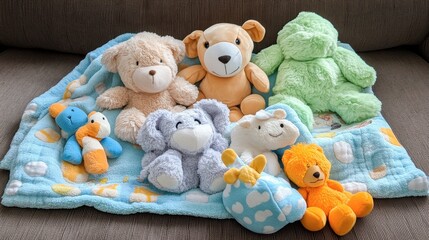 Cute Collection of Colorful Stuffed Animals and Plush Toys on Cozy Blue Blanket Ideal for Children's Photography and Baby Room Decor