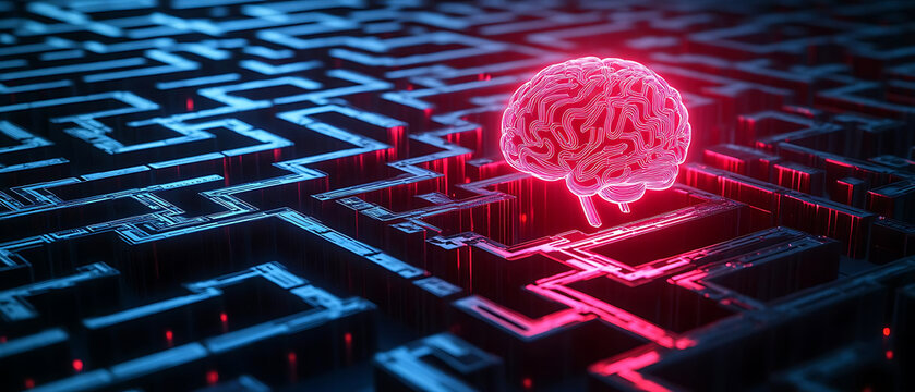 Technology-based learning. glowing brain navigating complex digital maze, symbolizing AI and adaptive learning systems. vibrant colors evoke sense of innovation and technology
