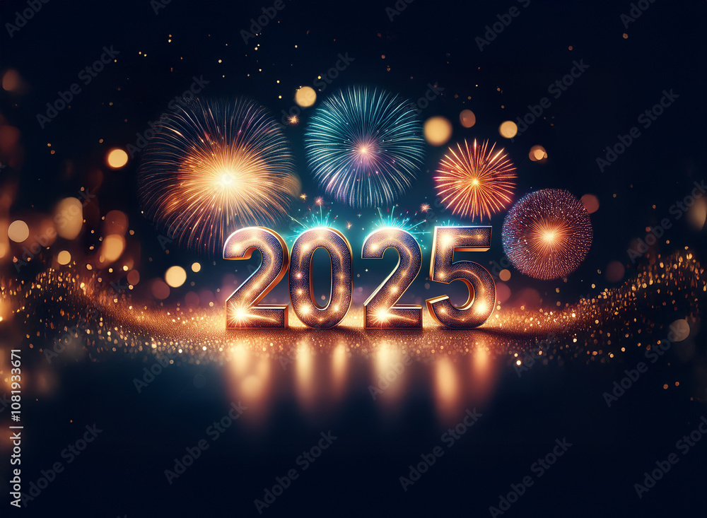 Poster A digital illustration of the year 2025 in large golden numbers with fireworks exploding in the background.