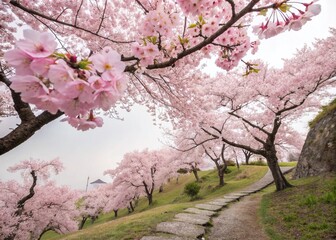Fototapeta premium Serene Landscape of Japanese Cherry Blossoms in Full Bloom - Whitespace Wallpaper Background Emphasizing Timeless Beauty of Nature's Delicate Flowers