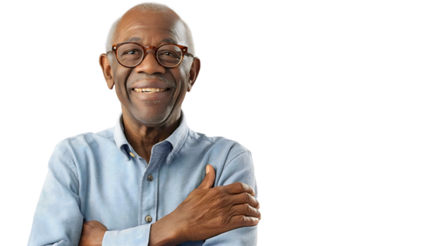 Smiling elderly African American man with glasses, arms crossed, radiating joy and confidence in a casual portrait, celebrating wisdom and positivity.
