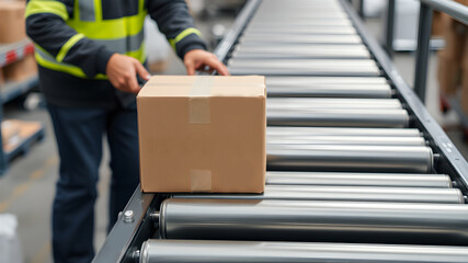 A warehouse worker guides a package onto a conveyor belt, initiating its journey towards delivery