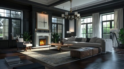3D rendering of cozy living room with comfortable sofa and warm lighting