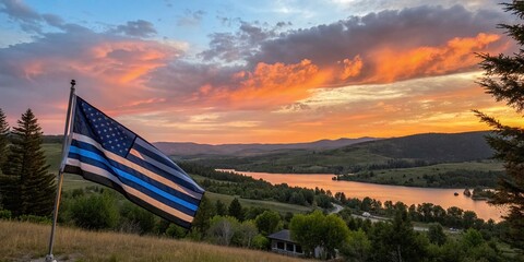 Serene Landscape with a Police Thin Blue Line Flag in the Foreground Against a Dramatic Sky, Symbolizing Support and Unity for Law Enforcement and Community Relations