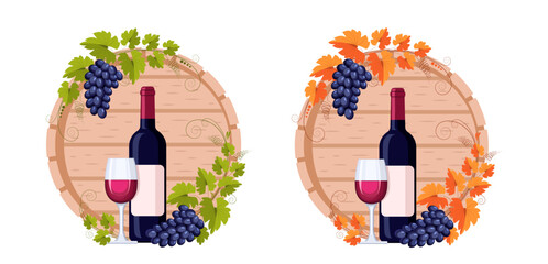 Barrel, bottle, glass of red wine and grape branch with bunches of grapes and leaves. Concept of winemaking, production and sale of wine, growing grapes. Vector vintage pattern for menus and labels.
