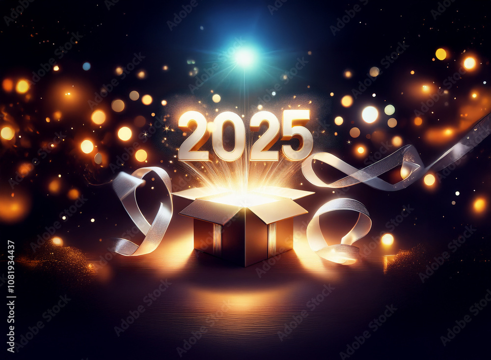 Poster a glowing open gift box with a sparkling light emanating from inside and the numbers 2025 in gold.