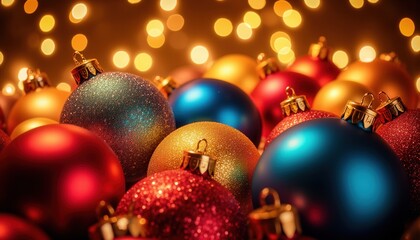 Fototapeta premium Hanukkah festival celebration. A vibrant display of colorful Christmas ornaments, featuring sparkling reds, blues, and golds, set against a backdrop of warm, glowing lights.
