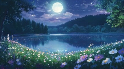 Moonlit Enchantment: A Tranquil Anime Landscape