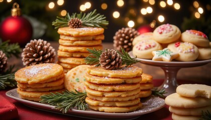Hanukkah festival celebration. A festive display of delicious cookies and pastries, adorned with pine cones and holiday decorations, set against a sparkling, warm backdrop.