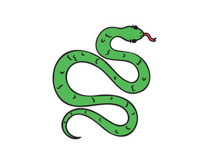 Hand drawn cute cartoon color green, outline simple snake. Kind doodle snake smile isolated on white background.