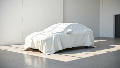 New modern electric EV car unveiling covered under white tarpaulin in empty spaces premises of bright building background