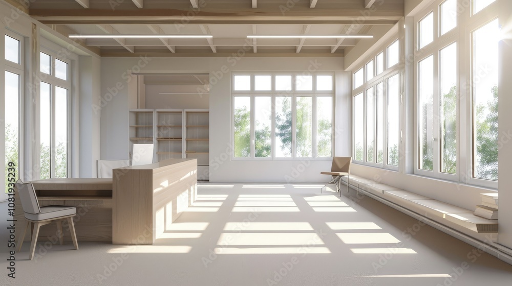 Poster 3d rendering of contemporary office space with minimalist desk and bright windows