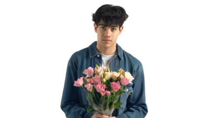 teenage boy in denim jacket holding a bouquet of pink roses, expressing a shy yet thoughtful gesture, symbolizing kindness and a romantic connection, captured with natural light against a white backgr
