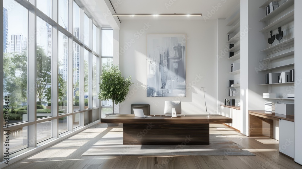 Poster 3d rendering of contemporary office space with minimalist desk and bright windows