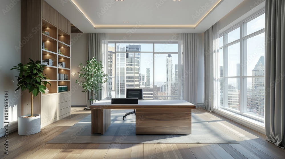 Poster 3d rendering of contemporary office space with minimalist desk and bright windows