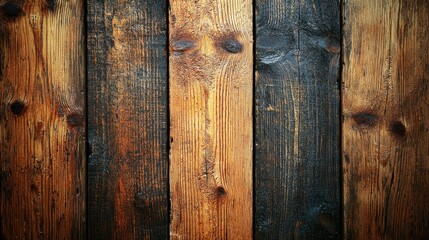 Obraz premium Close-up of rustic wooden planks with natural grain patterns, knots, and darkened tones, highlighting a vintage, weathered texture.