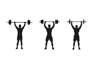 Standing muscular man lifting weights silhouette. Male bodybuilder icon. Weightlifter lifts big barbell, isolated vector silhouette. Weightlifting, bodybuilding.  Fitness logo concept.