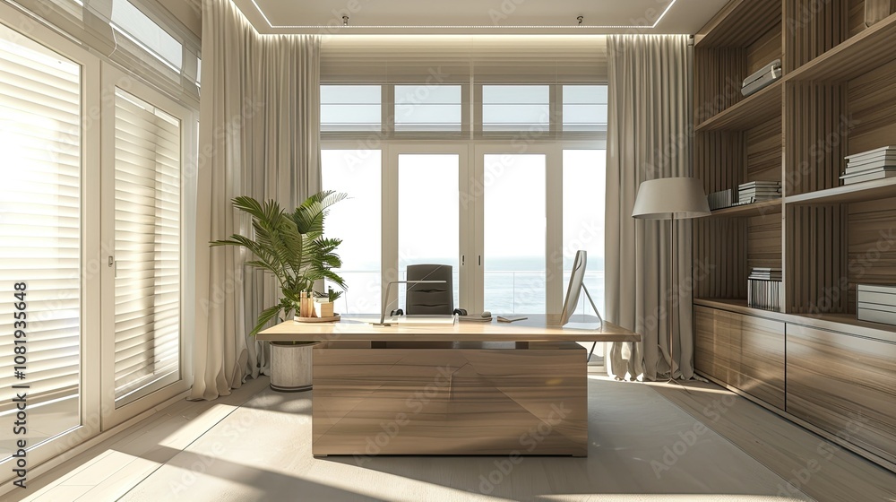 Poster 3d rendering of contemporary office space with minimalist desk and bright windows