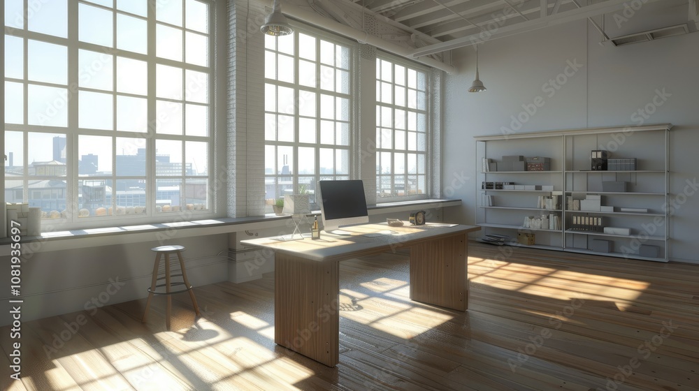 Poster 3d rendering of contemporary office space with minimalist desk and bright windows