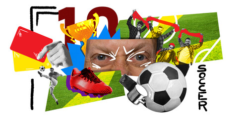 Creative soccer collage blending images of players, fans, and soccer ball with bright colors and abstract elements. Contemporary art. Concept of sport, creative poster, game, creativity.