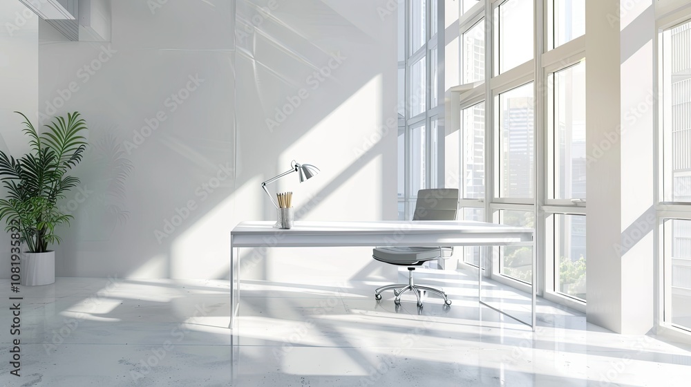 Poster 3d rendering of contemporary office space with minimalist desk and bright windows