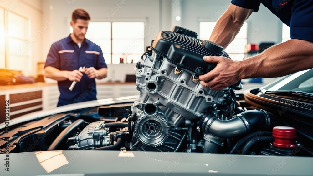 Poster mechanic replacing car engine: a skilled mechanic carefully installs a new engine into a car, showca