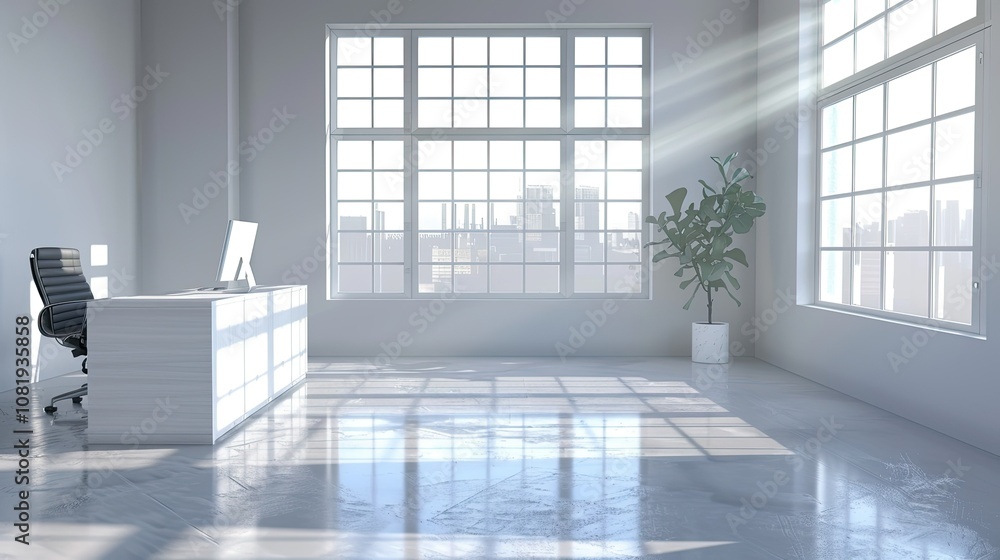 Poster 3d rendering of contemporary office space with minimalist desk and bright windows