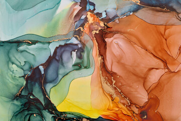 Snaking rivers of metallic gold weave through  vibrant interplay of soft and bold tones. Movement and balance in nature, crafted in the fluid ink technique to create seamless transitions  rich texture