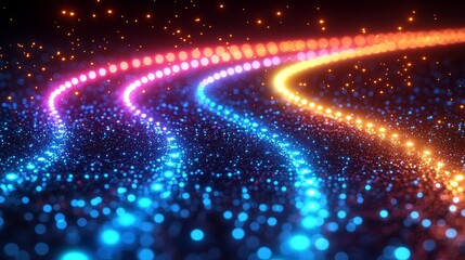 Obraz premium Abstract light trails create a mesmerizing neon spectacle, blending blue and orange illumination in a dynamic curved pattern.