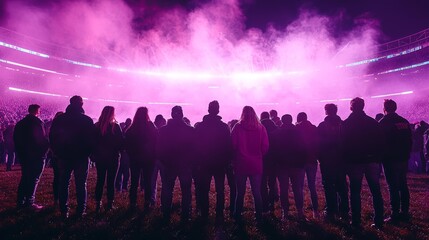 Silhouetted crowd stands against dramatic purple stadium lighting, creating an atmospheric concert-like environment.